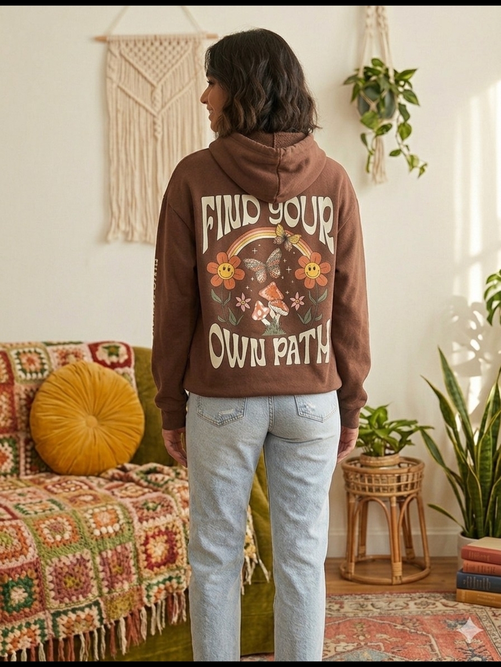 Social Scene Brown Find Your Own Path Graphic Hoodie Size XL Mushroom